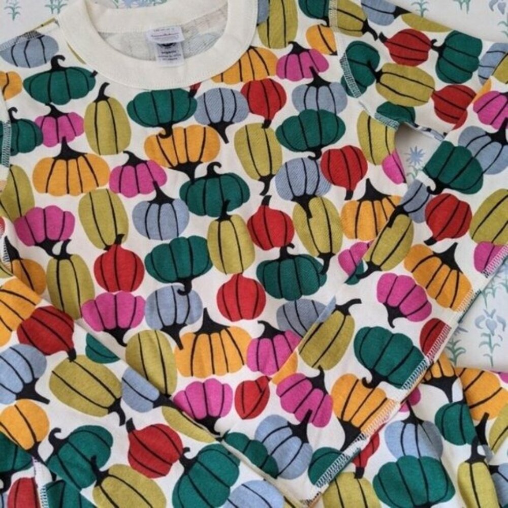 Hanna Andersson Colorful Pumpkins Kid's Pajamas 12 Organic Cotton Long Johns - Picture 3 of 6
